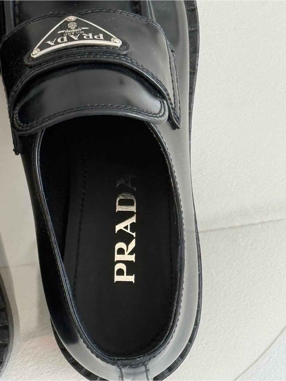 Prada Black Leather Platform Loafers Triangle Logo Women Shoes EU 37 $1270 store - Picture 10 of 13